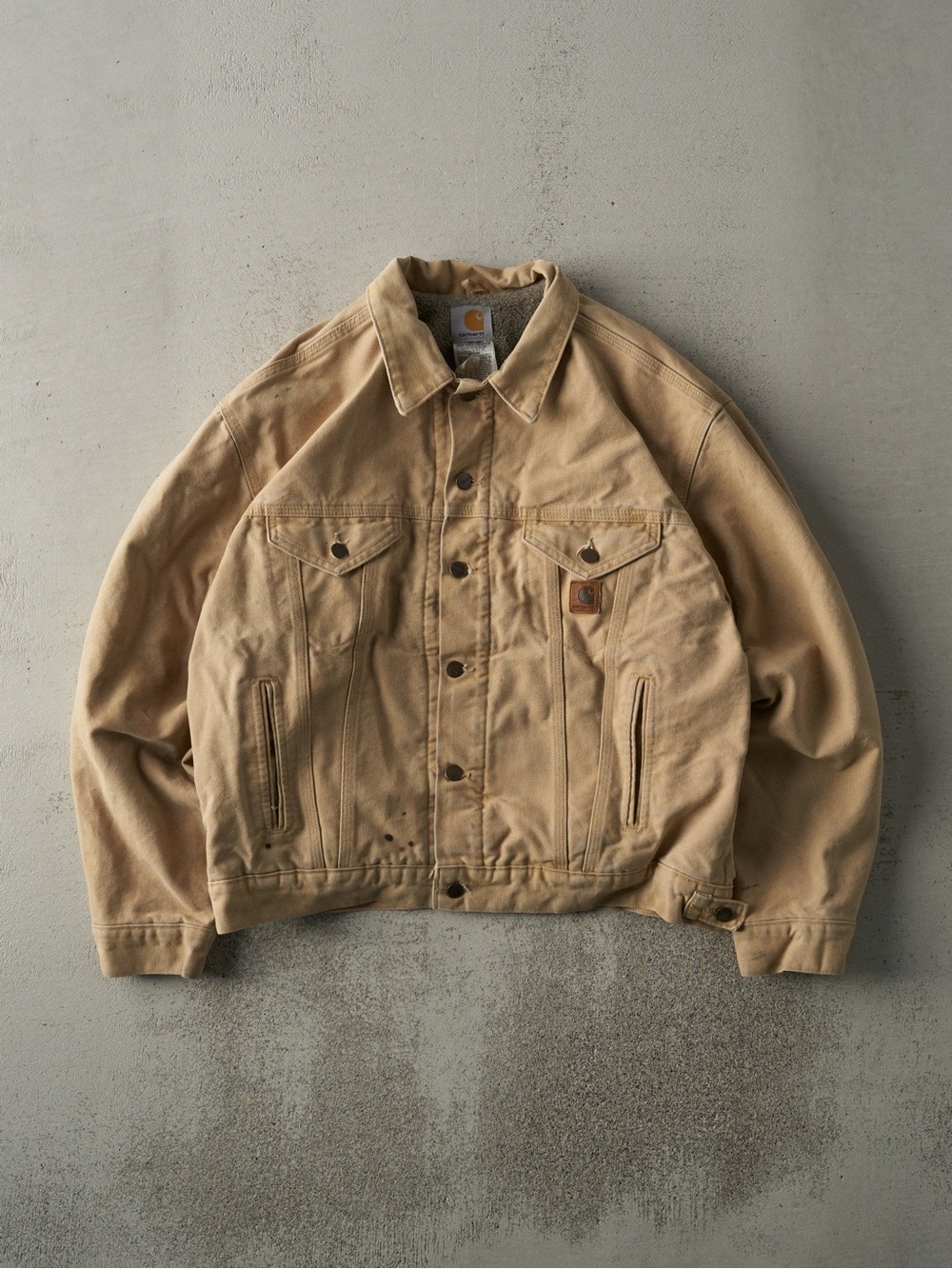 Carhartt Sandstone Sherpa-Lined Trucker Tan Canvas Work Jacket Sz M Men’s